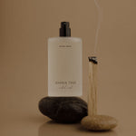 White bottle with black cap labeled 'Joshua Tree' on a reflective surface with stones and smoke on a beige background