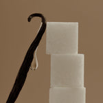 Vanilla bean next to three sugar cubes on a brown background