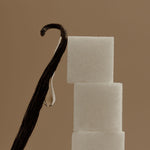 Vanilla bean next to three sugar cubes on a brown background